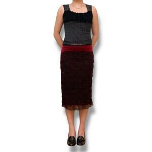 Vintage Betsey Johnson Black Red Lace Ruffle Tiered Midi Skirt Medium